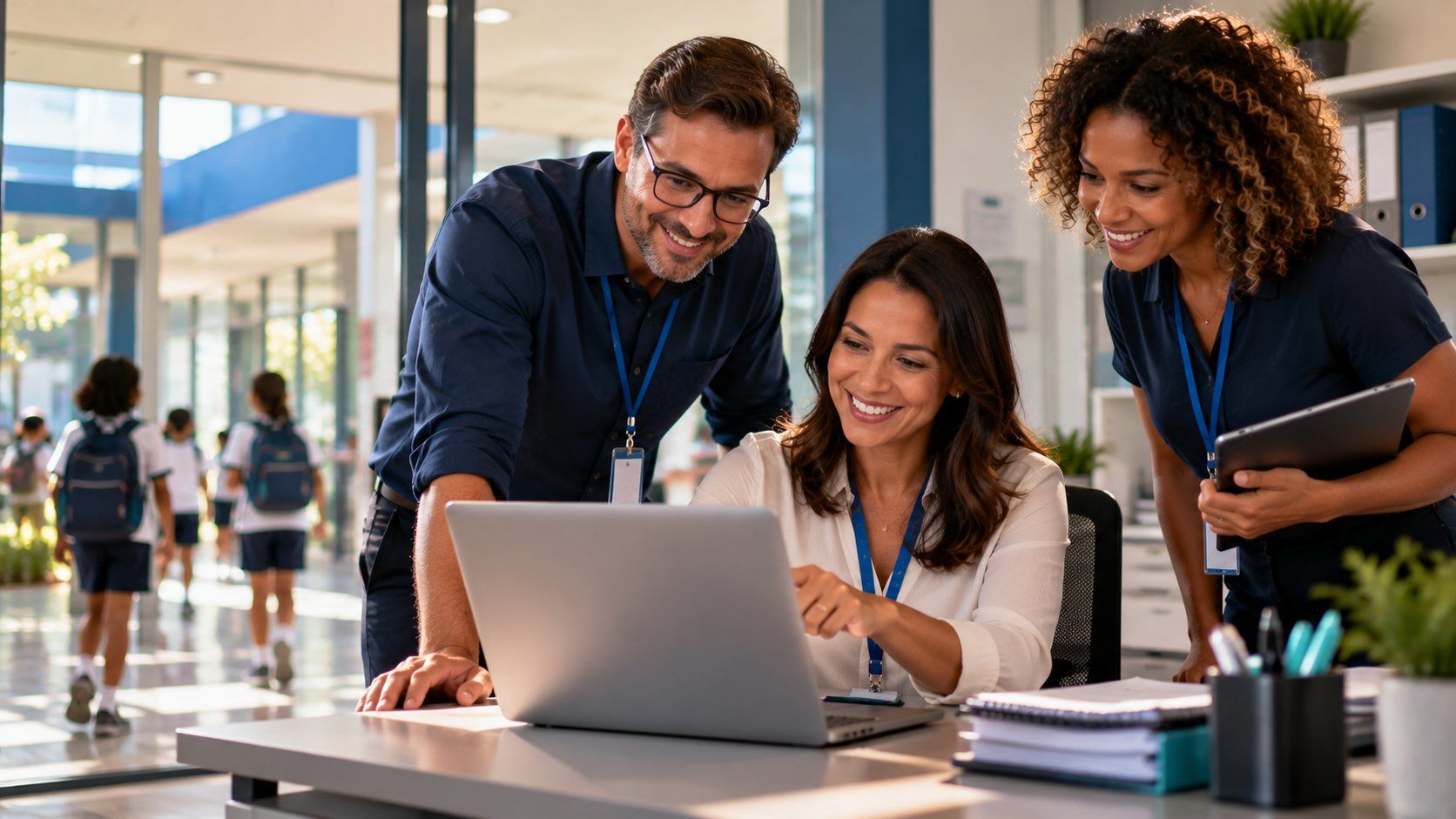Equipe da secretaria escolar consulta informações juntos no notebook